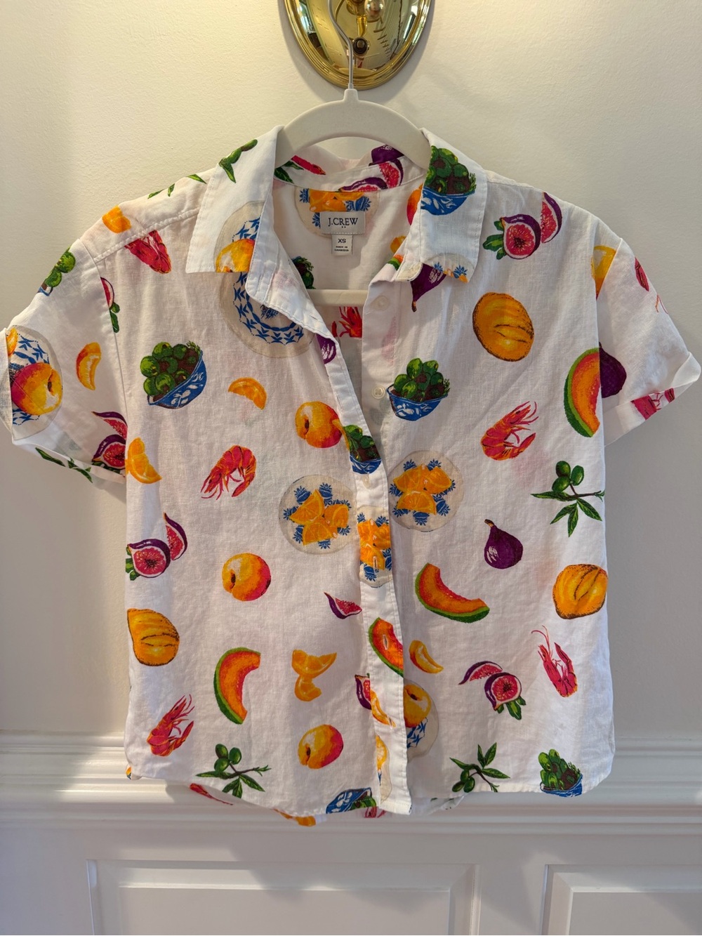 J. Crew Factory Printed Short-Sleeve Linen-Blend Button-Up Fruit & Food Shirt